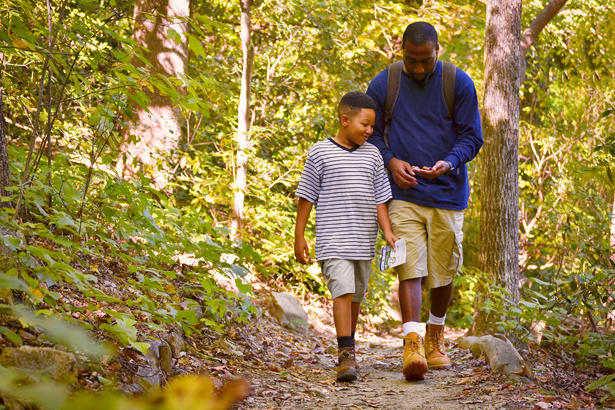 African American father and son walking in the woods