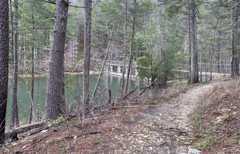 View of the trail and bridge that crosses the lake