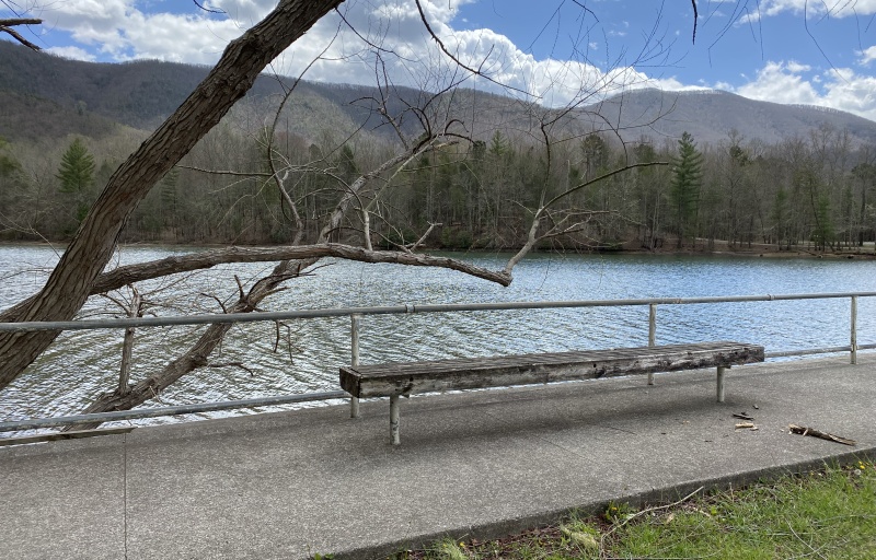 Bench with a view of the lake and surrounding mountains