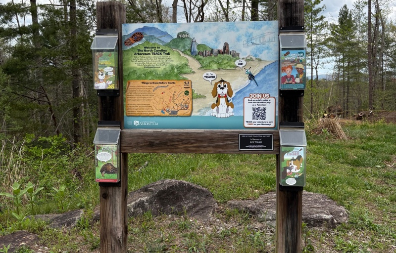 The newly installed TRACK Trail sign at the NC Arboretum
