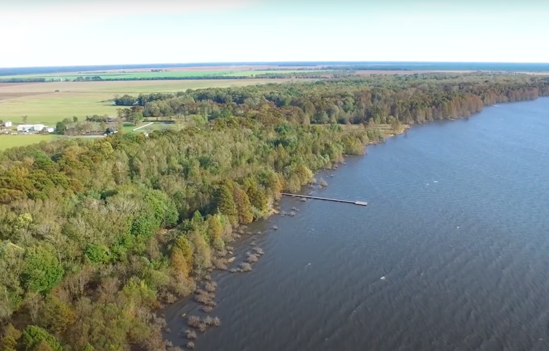 An aerial view above the state park looking at the shoreline