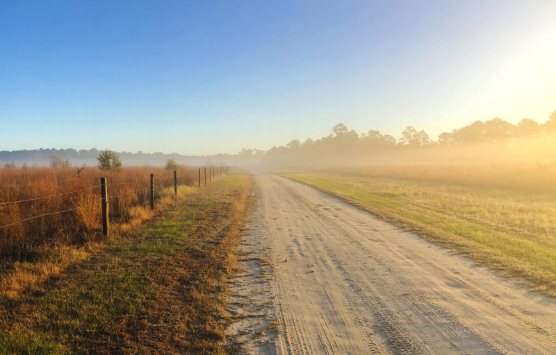A trail at sunrise that winds through the park pasture