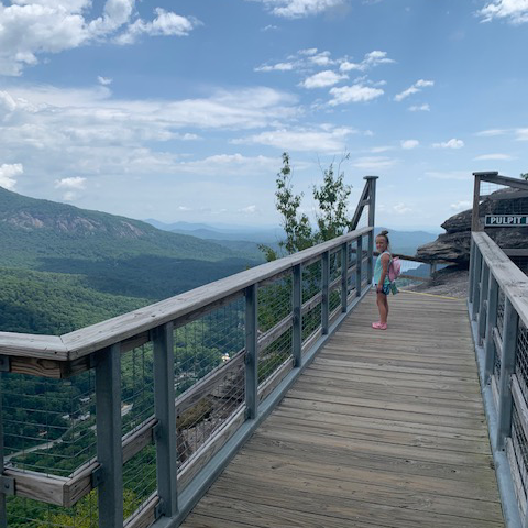Charlee on one of the many Chimney Rock staircases