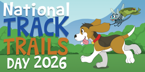 A horizontal social media post promoting National Track Trails Day