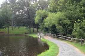 Paved path and bridge on the edge of the lake