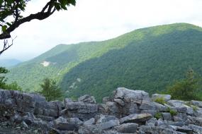 Mountain view beyond a rock wall