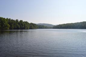 Mountain views beyond lake