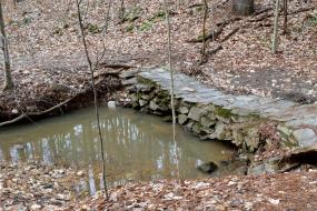 Stone bridge across small pool of water