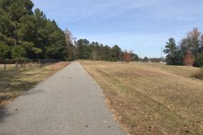 Paved path by field