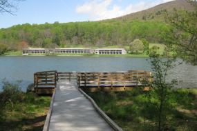 Dock on Abbott Lake and the Lodge in the background 