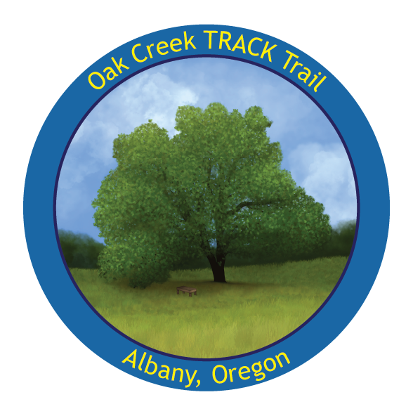 Oak Creek Sticker of a large oregon oak casting shade over a bench within tall, green grass