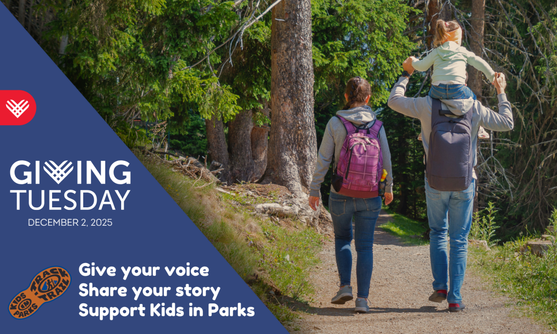 Giving Tuesday Cover photo of a family of three on a hike